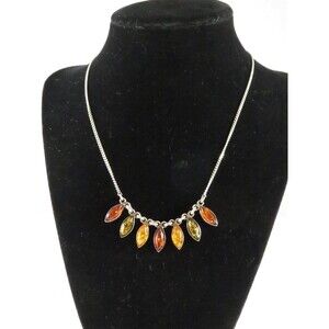 Sterling Silver Multi Colored Amber Choker Bib Style Necklace 16" Curb Chain